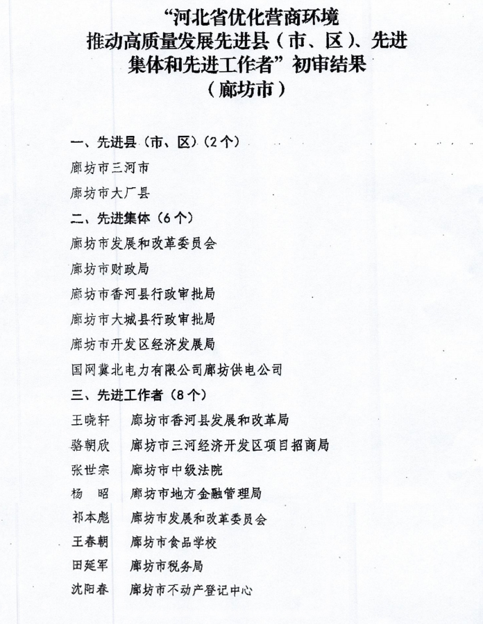 关于“河北省优化营商环境推动高质量发展先进县（市、区）先进集体和先进工作者”初审结果公示的公告